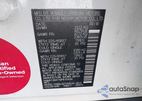 2016 Nissan Rogue Sv z USA, uszkodzony, nr VIN KNMAT2MV7GP670434